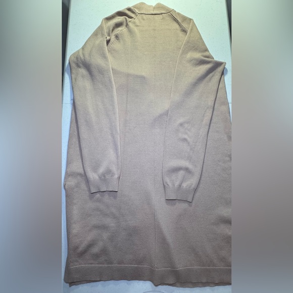 Love Scarlett Long Tan/Beige Long Open Front Cardigan Sweater Size M Side Slit - Picture 6 of 9